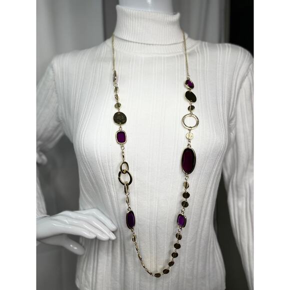 Chico's long necklace gold tone signed jewelry costume purple jewels faceted - Picture 2 of 14